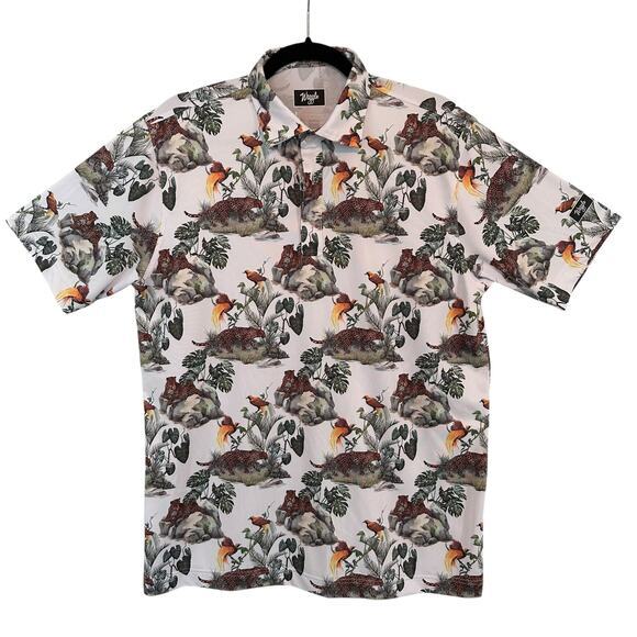 Waggle Jungle Leopard Bird‎ Print Golf Polo Shirt L Animal Tropicalcore Stretch - Picture 1 of 12
